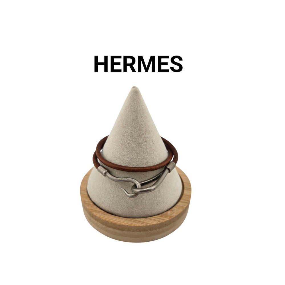 Hermes Jumbo Hook Double Tour Bracelet Brown Leather Silver Tone Hardware